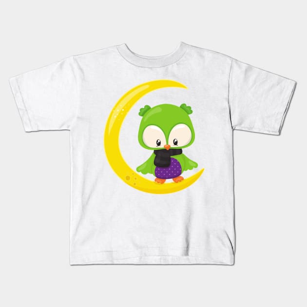 Halloween Owl, Cute Owl, Green Owl, Moon, Scarf Kids T-Shirt by Jelena Dunčević